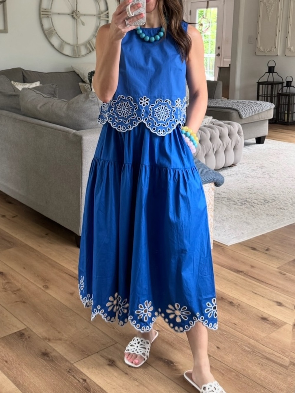 2 Piece Set Elastic waist Royal Blue Embroidered Skirt with Sleeves Top 🎆